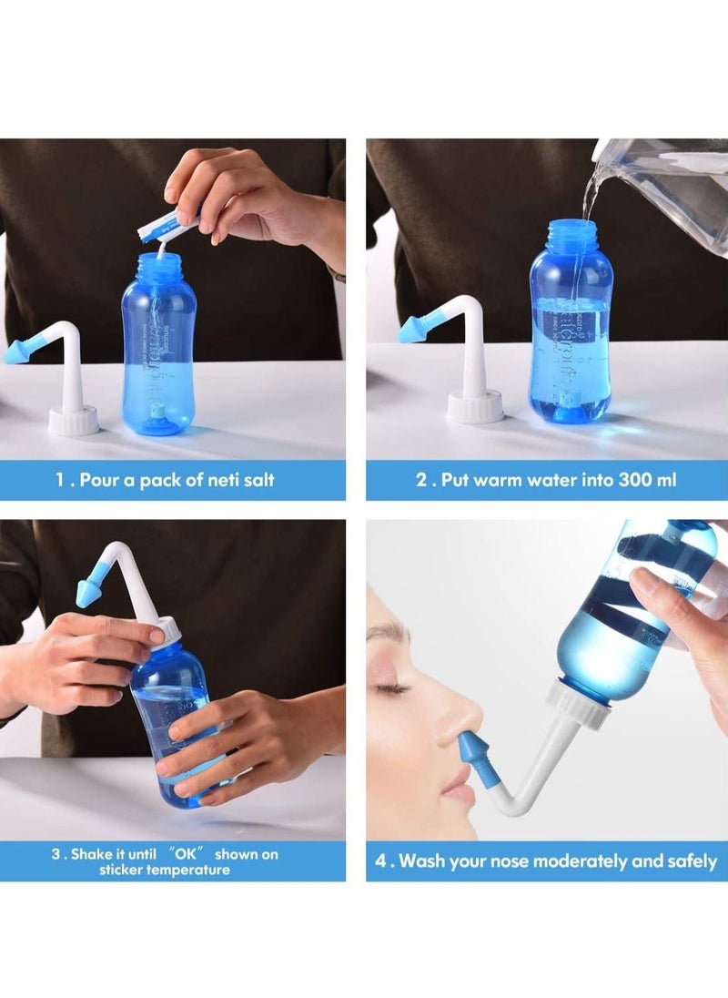 Generic - Neti Pot Sinus Rinse Bottle 300ml Nasal Rinse Kit Nose Wash Cleaner Nasal Irrigation for Adult & Kid (with 2 Nozzles &30 Nasal Since Salt Packets) - Image 1