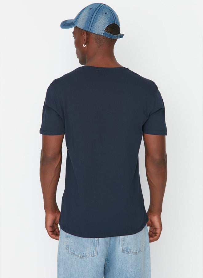 trendyol Navy Blue Slim/Slim Cut 100% Cotton Basic Crew Neck T-Shirt - Image 2