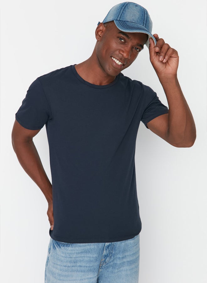 trendyol Navy Blue Slim/Slim Cut 100% Cotton Basic Crew Neck T-Shirt - Image 3