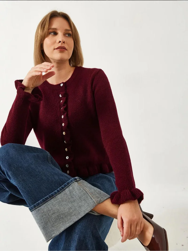 Bianco Lucci LUCCI Frilly Buttoned Cardigan with Crew Neck