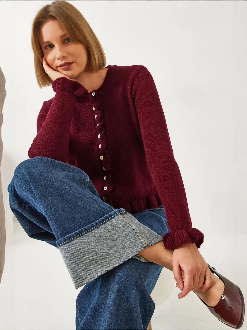 Bianco Lucci LUCCI Frilly Buttoned Cardigan with Crew Neck