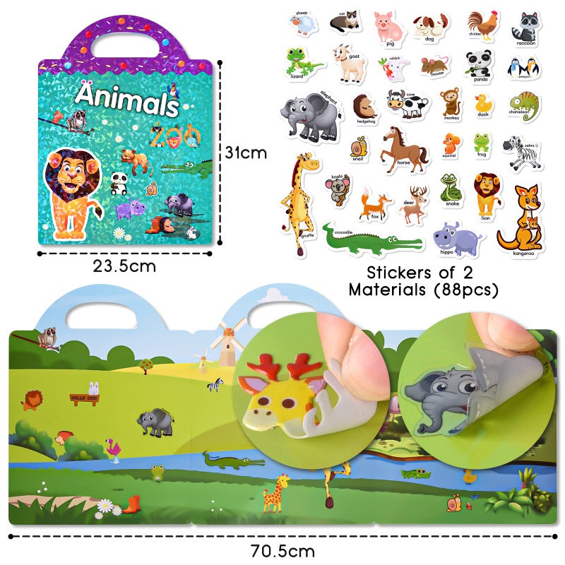 ASTARON 3D Sticker Scene Book for Children, Pack of 88 Reusable Animals Jelly Stickers for Toddlers, Puffy Sticker Game Educational Sensory Learning Toy - Image 2