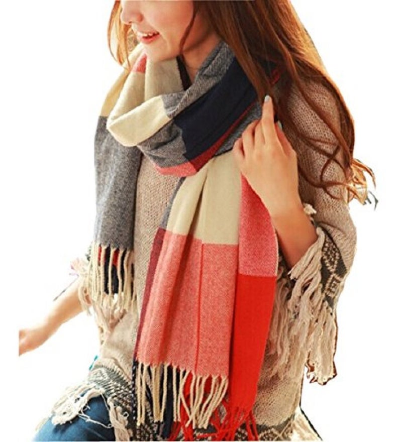Wander Agio Women's Fashion Long Shawl Big Grid Winter Warm Lattice Large Scarf Orange Red Winter - Image 1