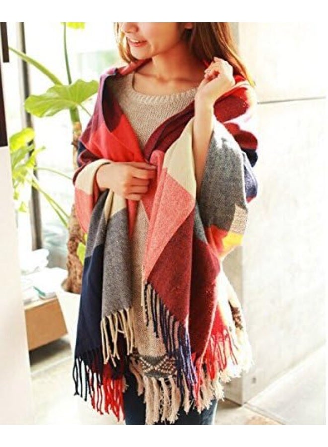 Wander Agio Women's Fashion Long Shawl Big Grid Winter Warm Lattice Large Scarf Orange Red Winter - Image 3