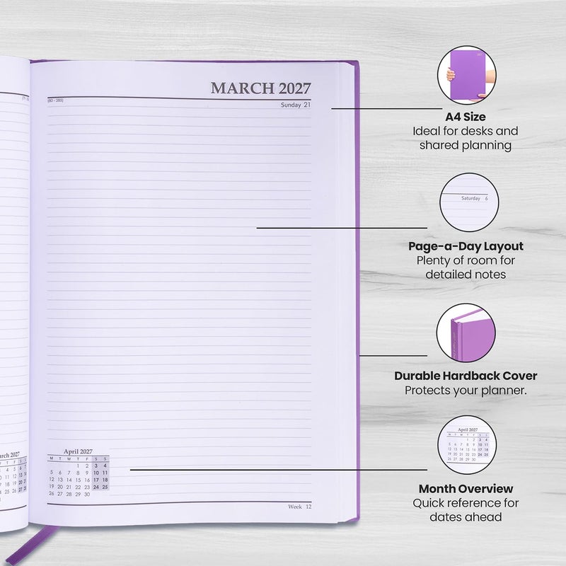evelay 2025 A4 A5 Day to Page Diary Full Year Planner Desk Hardback Academic Organiser for Home Office School (A4 Page a Day, Purple) - Image 4