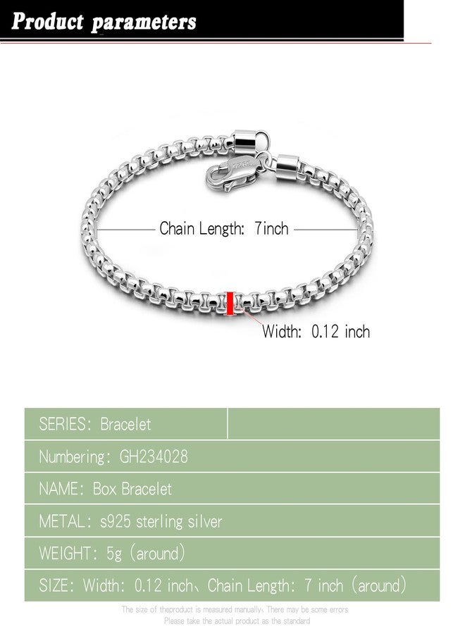 Dankadi 925 Sterling Silver Bracelet Men Women 3MM Square Rolo Link Round Box Chain 6.3" 6.7" 7" 7.5" 8" 8.5" 9" Bangle Unisex Jewelry Gift (Silver, 7 inches) - Image 3