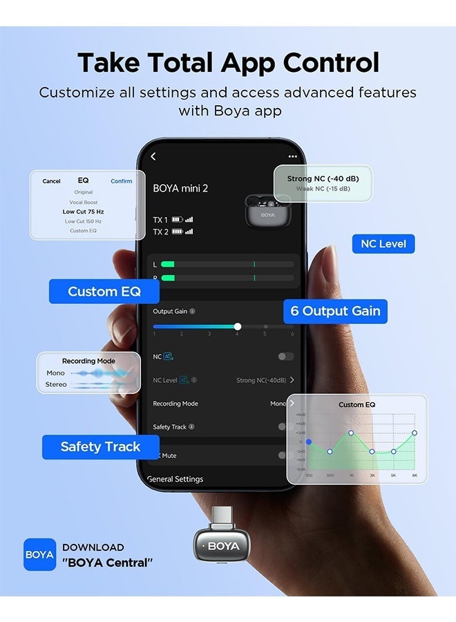 BOYA Mini 2 Wireless Lavalier Microphone for iPhone, Android, 2 Ultra Mini Mic with Noise Reduction, Lapel Microphone for Vlogging TikTok YouTube Content Creators-Space Gray - Image 2