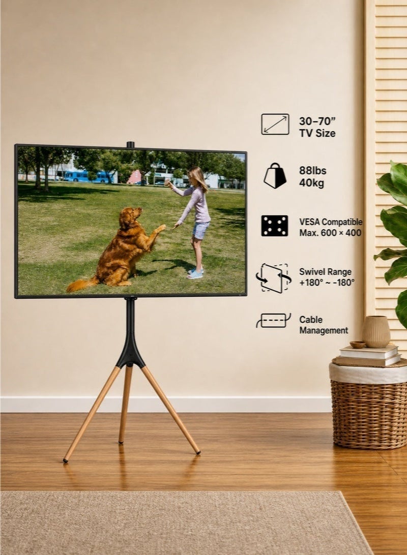 Viewstar Tripod TV Stand Floor Mount for 32–70 Inch TVs, Height Adjustable 34.8–55 Inch, 180° Swivel TV Stand with Wooden Legs, Universal VESA Compatible, Heavy-Duty Freestanding TV Stand with Cable Management - Image 3