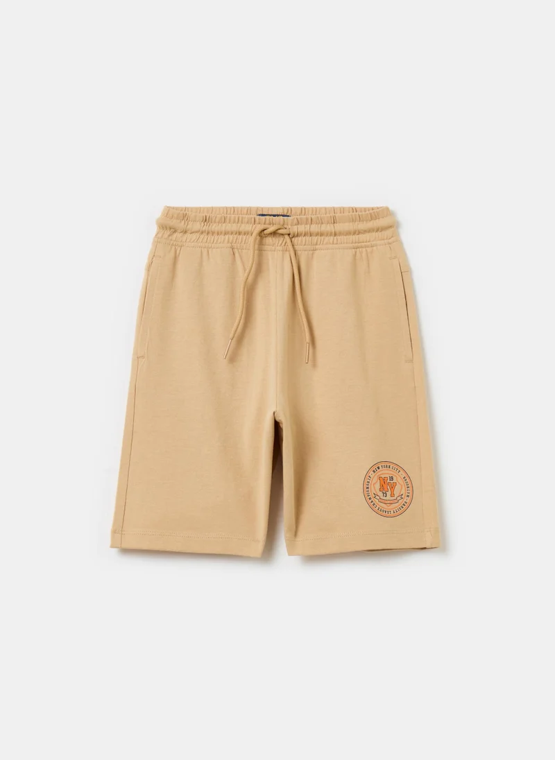 او في اس Fleece Bermuda Shorts With Drawstring And Print
