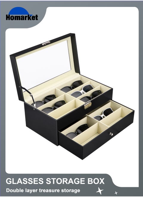 12 Grids Sunglass Organizer Leather Eyeglasses Collector Double-Layer Eyewear Display Case Lockable Storage Box, Black
