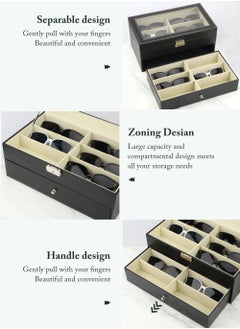 HomarKet 12 Grids Sunglass Organizer Leather Eyeglasses Collector Double-Layer Eyewear Display Case Lockable Storage Box, Black  - Image 4