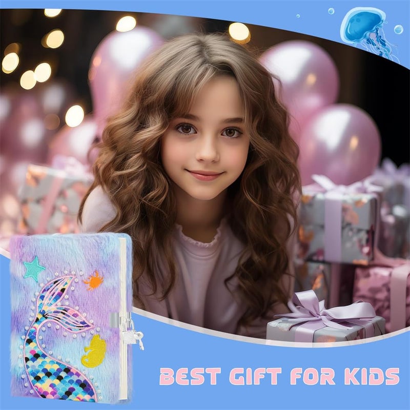 Mermaid Diary for Girls, Tie-Dye Fuzzy Journal for Kids with Lock and Keys, 160 Lined Pages, Fluffy Secret Notebook for Writing and Drawing, Purple - Image 3