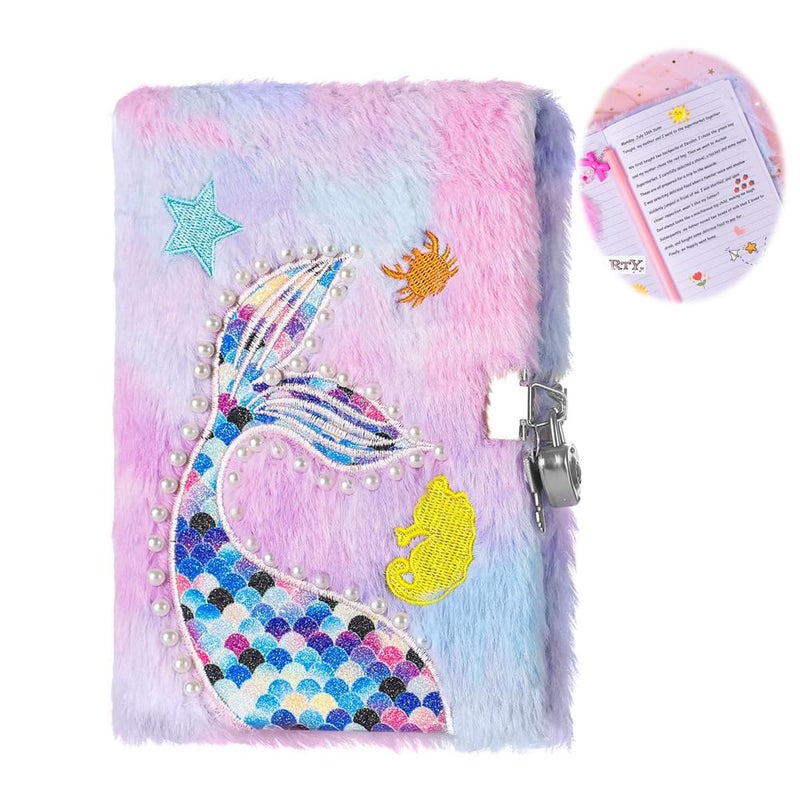 Mermaid Diary for Girls, Tie-Dye Fuzzy Journal for Kids with Lock and Keys, 160 Lined Pages, Fluffy Secret Notebook for Writing and Drawing, Purple - Image 1