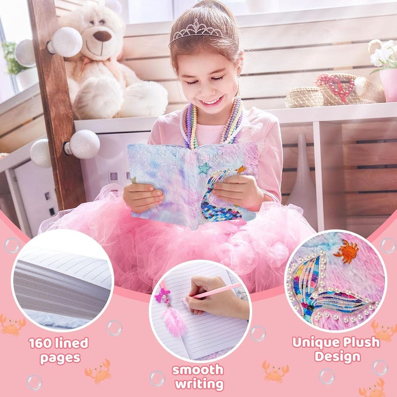 Mermaid Diary for Girls, Tie-Dye Fuzzy Journal for Kids with Lock and Keys, 160 Lined Pages, Fluffy Secret Notebook for Writing and Drawing, Purple - Image 2