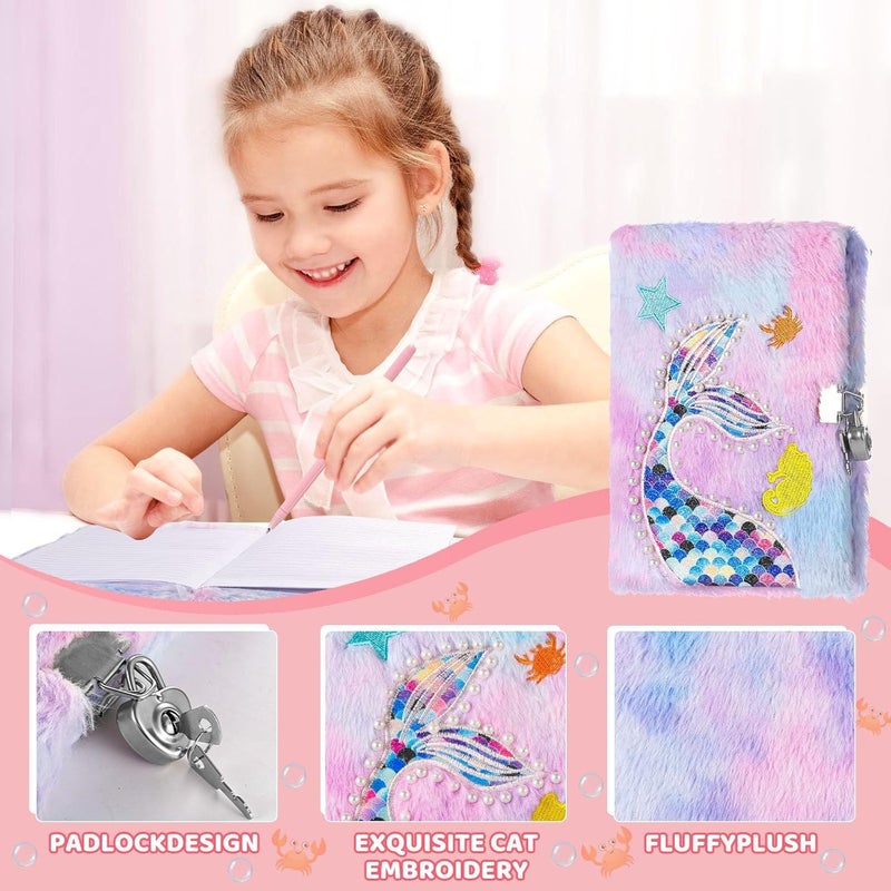Mermaid Diary for Girls, Tie-Dye Fuzzy Journal for Kids with Lock and Keys, 160 Lined Pages, Fluffy Secret Notebook for Writing and Drawing, Purple - Image 5