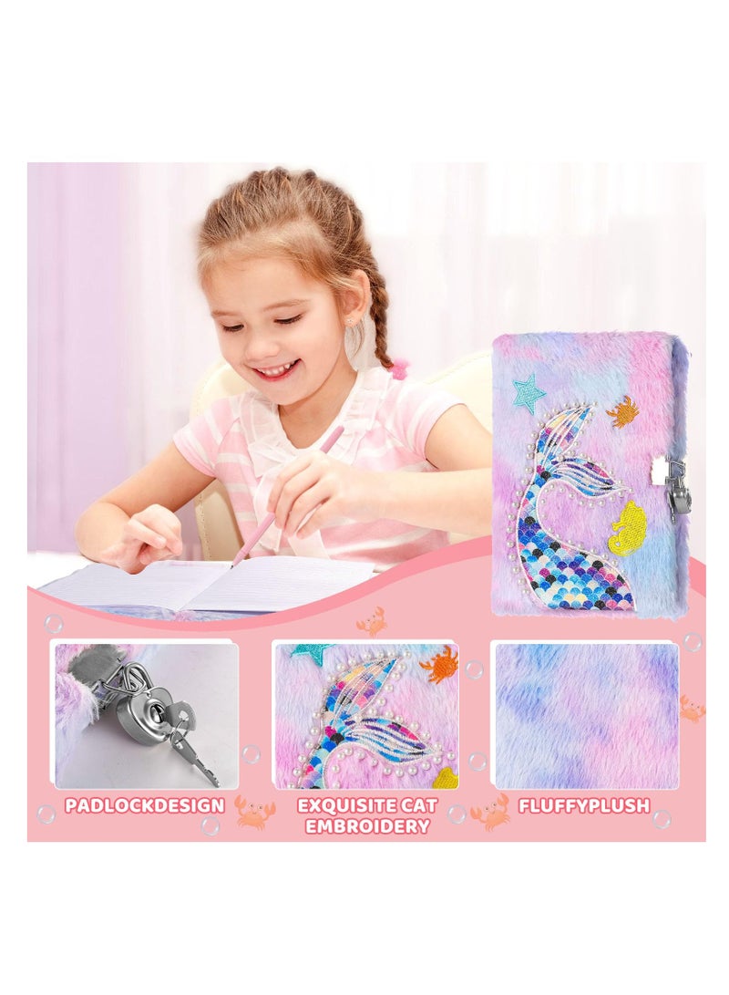 SYOSI Mermaid Diary for Girls, Tie-Dye Fuzzy Journal for Kids with Lock and Keys, 160 Lined Pages, Fluffy Secret Notebook for Writing and Drawing, Purple  - Image 5