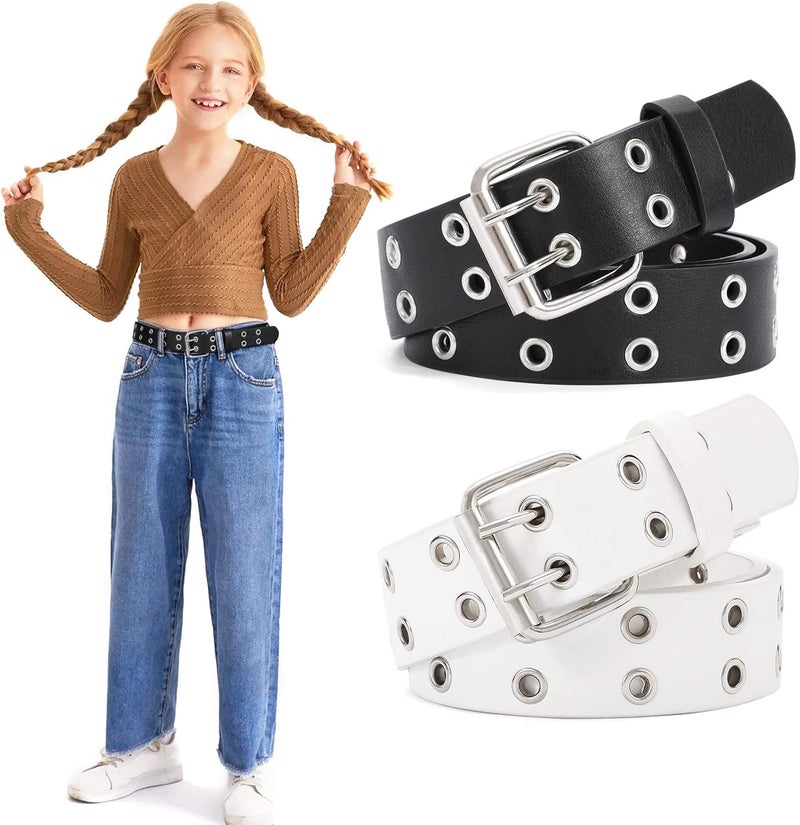Werforu Kids Double Grommet Belts With Holes for Girls Boys PU Leather Two Row Grommet Waist Belt for Jeans Dress - Image 1