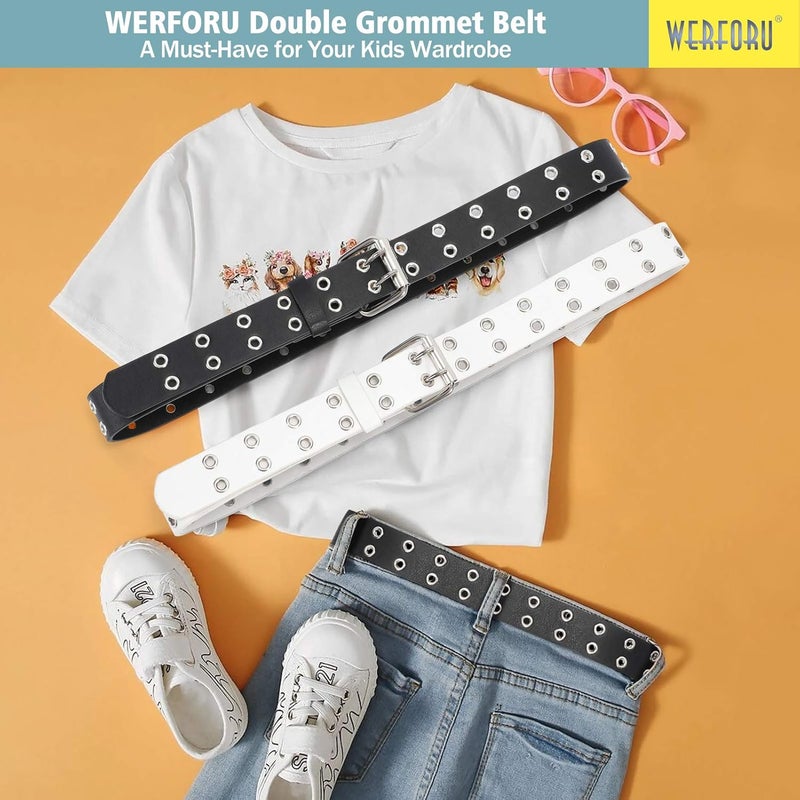 Werforu Kids Double Grommet Belts With Holes for Girls Boys PU Leather Two Row Grommet Waist Belt for Jeans Dress - Image 4