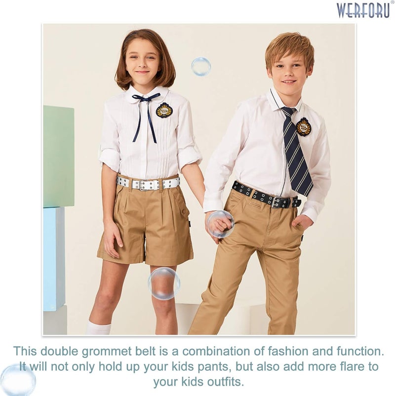 Werforu Kids Double Grommet Belts With Holes for Girls Boys PU Leather Two Row Grommet Waist Belt for Jeans Dress - Image 2