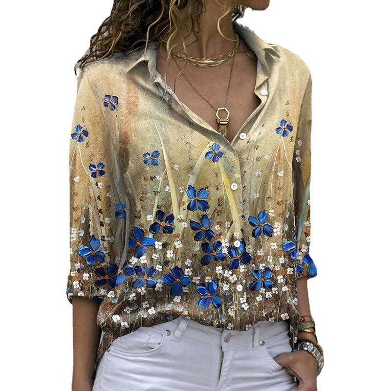 Women's Long Sleeve Floral Print Turn-down Collar Blouse - Image 2