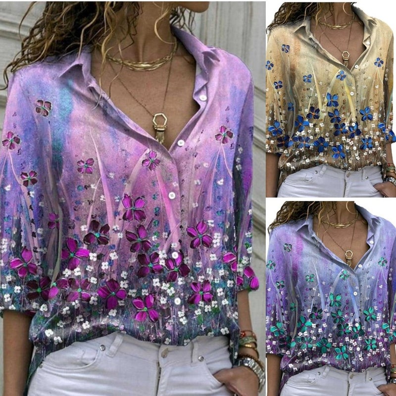 Women's Long Sleeve Floral Print Turn-down Collar Blouse - Image 1
