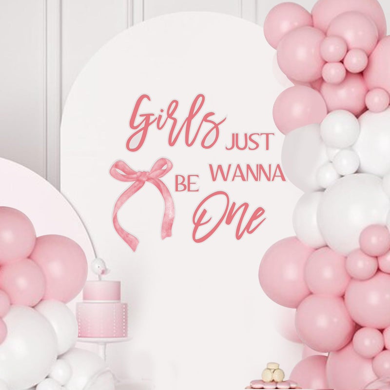 Ramciyo Girls Just Wanna Be One Decal - Pink Bow 1st Birthday Backdrop Sign, Girls 1st Birthday Party Decor, Sweet One Birthday Party Decorations - Image 1
