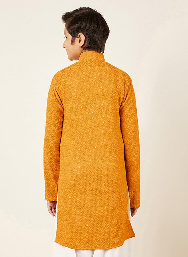 AJ DEZINES Kids Cotton Full Sleeve Sequined Yellow Kurta for Boys - Ethnic wear | Special Occasion & Party Outfit | Chikankari Kurta for boys - Regular Fit - Image 2