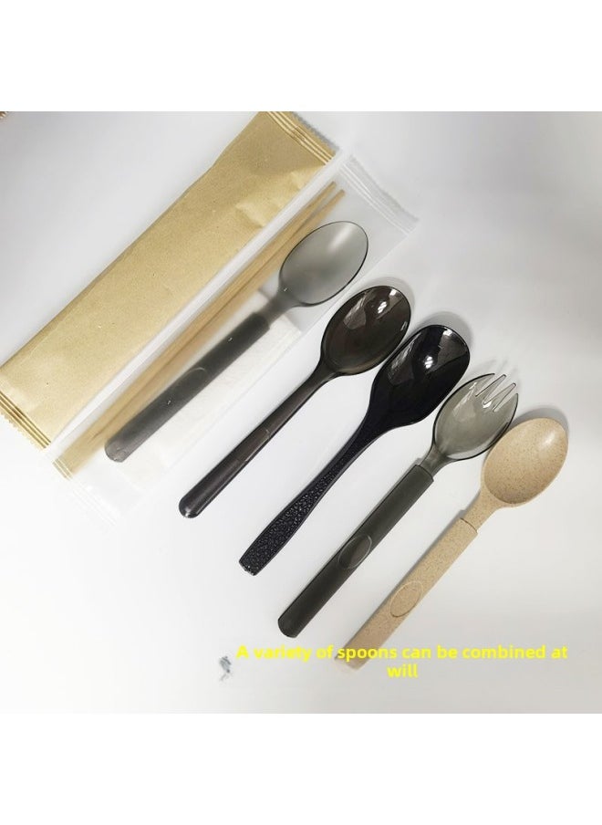 Generic - Disposable Chopsticks Spoon Suit High-end Tableware Four-piece Set Take-out Lunch With Bamboo Chopsticks Spoon Paper Towel Three-in-One-Color:Twin Chopsticks + Old Town Chicken Spoons 100 Sets-Specifications:Transparent Film - Image 1