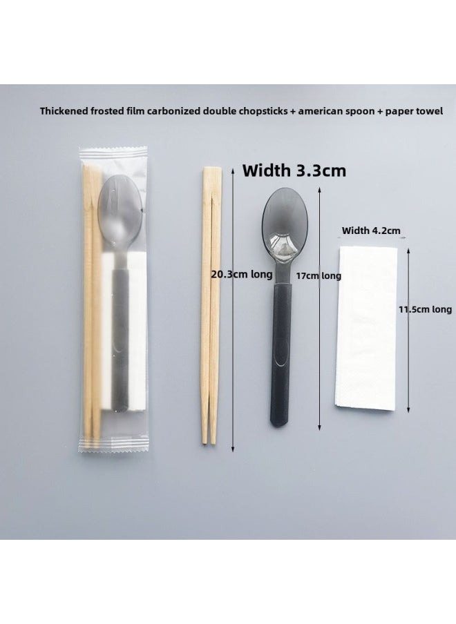 Generic - Disposable Chopsticks Spoon Suit High-end Tableware Four-piece Set Take-out Lunch With Bamboo Chopsticks Spoon Paper Towel Three-in-One-Color:Twin Chopsticks + Old Town Chicken Spoons 100 Sets-Specifications:Transparent Film - Image 1