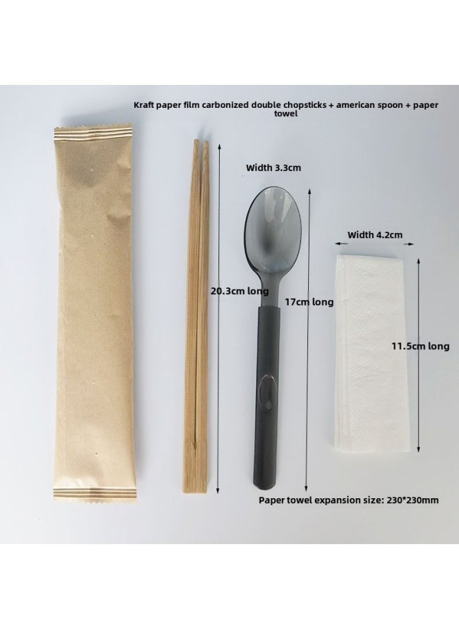 Generic - Disposable Chopsticks Spoon Suit High-end Tableware Four-piece Set Take-out Lunch With Bamboo Chopsticks Spoon Paper Towel Three-in-One-Color:Twin Chopsticks + Old Town Chicken Spoons 100 Sets-Specifications:Transparent Film - Image 1