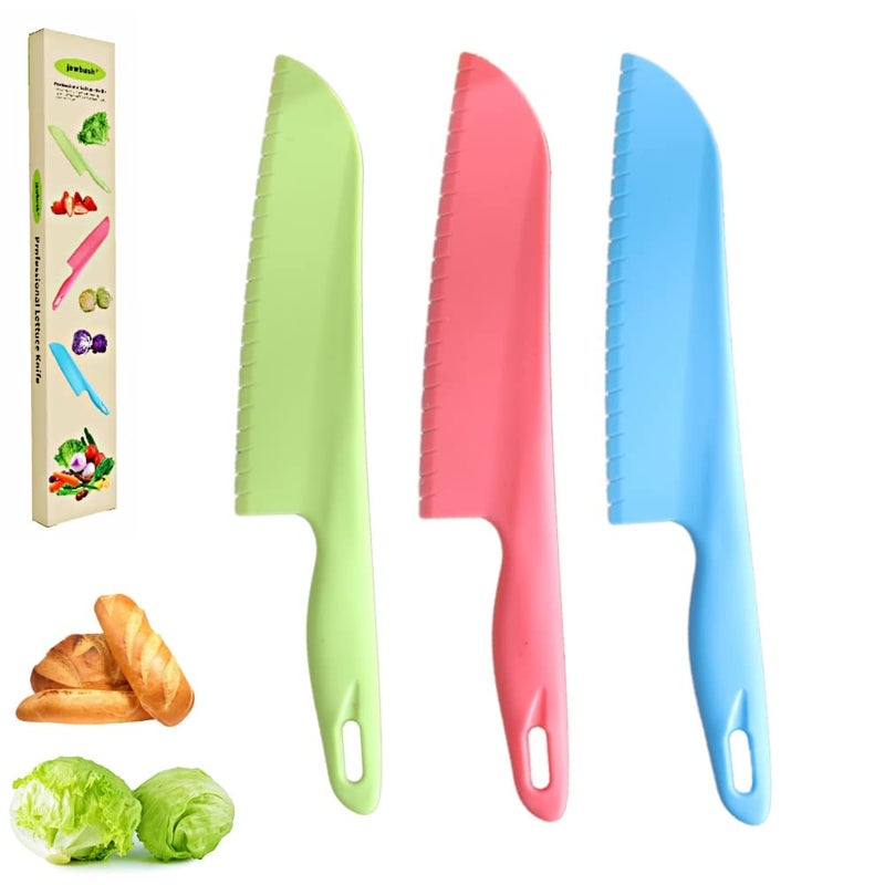 jawbush Professional Lettuce Knife to Prevent Browning 11 Plastic Serrated Knives for Veggie Fruit Cake Salad Chef Knife for Cooking and Cutting  Safe  Durable Nylon Knife Set 3 Pieces