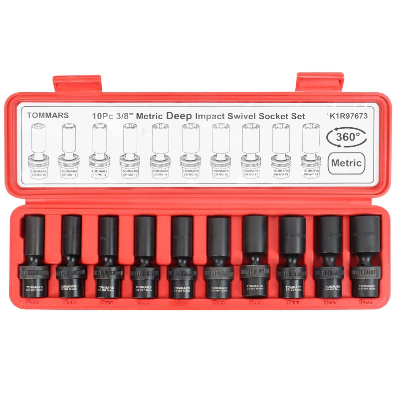 Tommars 3/8"" Drive Universal Swivel Impact Socket Set Deep 6 Point Wobble Flexible Socket Set Metric 10-19 Mm Cr-Mo Steel - Image 1