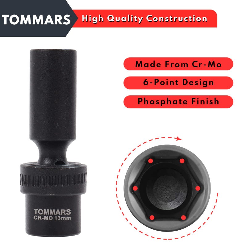 Tommars 3/8"" Drive Universal Swivel Impact Socket Set Deep 6 Point Wobble Flexible Socket Set Metric 10-19 Mm Cr-Mo Steel - Image 4