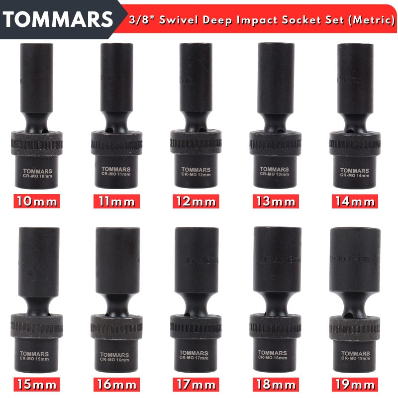 Tommars 3/8"" Drive Universal Swivel Impact Socket Set Deep 6 Point Wobble Flexible Socket Set Metric 10-19 Mm Cr-Mo Steel - Image 2