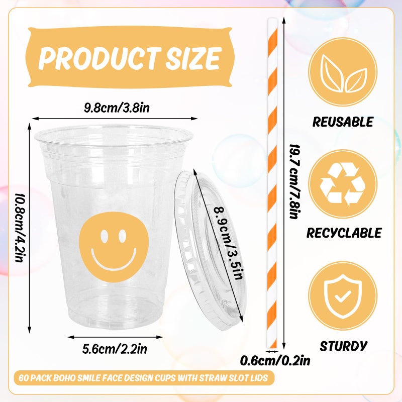 Whaline أكواب بلاستيكية قابلة للتصرف مع أغطية وقش 60 قطعة بتصميم وجه مبتسم 12 أونصة لنمط بوهيمي لمشروبات باردة لحفلة عيد الميلاد الأولى وحفلات الزفاف - Image 1