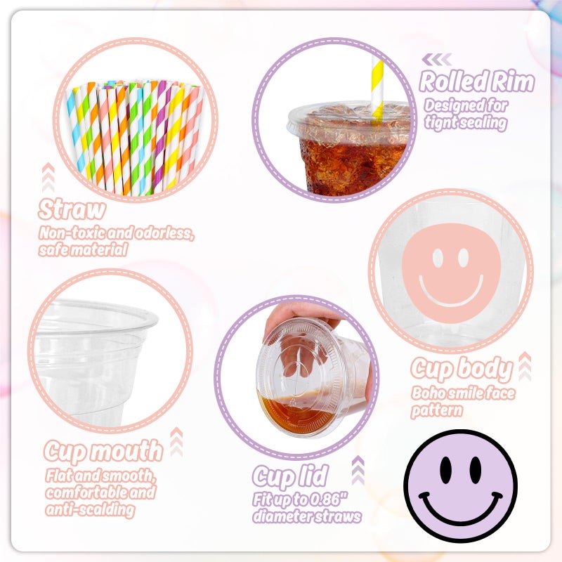 Whaline أكواب بلاستيكية قابلة للتصرف مع أغطية وقش 60 قطعة بتصميم وجه مبتسم 12 أونصة لنمط بوهيمي لمشروبات باردة لحفلة عيد الميلاد الأولى وحفلات الزفاف - Image 2