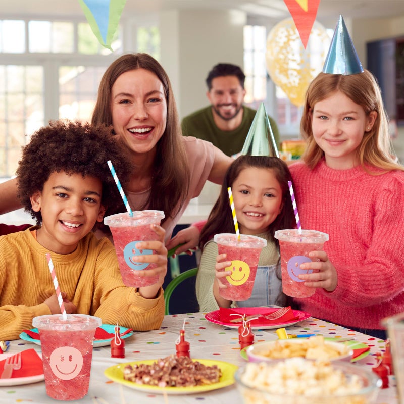 Whaline أكواب بلاستيكية قابلة للتصرف مع أغطية وقش 60 قطعة بتصميم وجه مبتسم 12 أونصة لنمط بوهيمي لمشروبات باردة لحفلة عيد الميلاد الأولى وحفلات الزفاف - Image 4