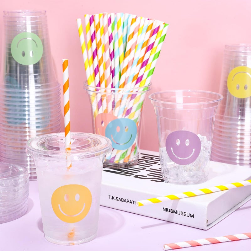 Whaline أكواب بلاستيكية قابلة للتصرف مع أغطية وقش 60 قطعة بتصميم وجه مبتسم 12 أونصة لنمط بوهيمي لمشروبات باردة لحفلة عيد الميلاد الأولى وحفلات الزفاف - Image 3