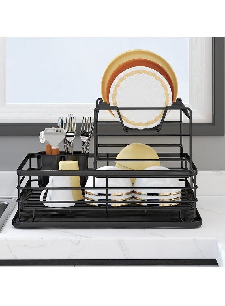 Arabest Dish Organizer, Dish Rack with Beechwood Handles, Metal Drying Rack for Kitchen Countertop, Modern Retro Design, Black  - Image 1