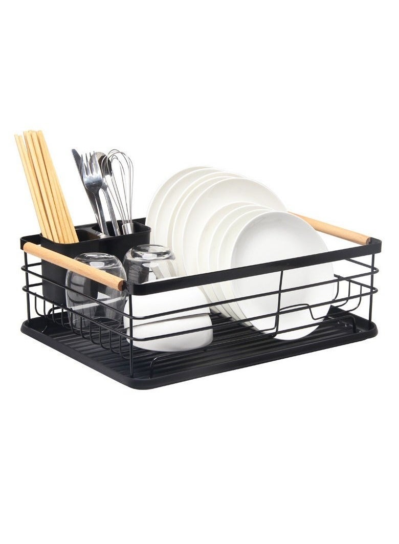 Arabest Dish Organizer, Dish Rack with Beechwood Handles, Metal Drying Rack for Kitchen Countertop, Modern Retro Design, Black  - Image 2