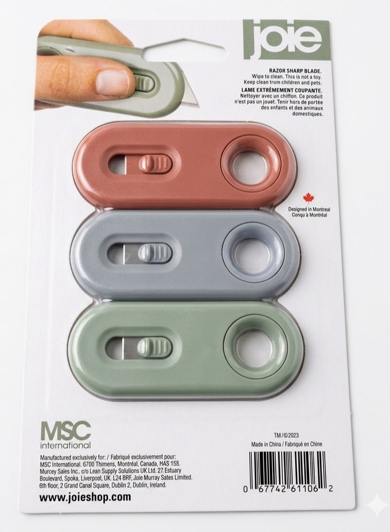 Joie Retracto Blades Mini Box Cutter Set – 3 Piece Retractable Utility Knife Compact Safety Cutter for Cardboard Packages Letters Portable Sharp Blade for Home Office Warehouse Use - Image 3