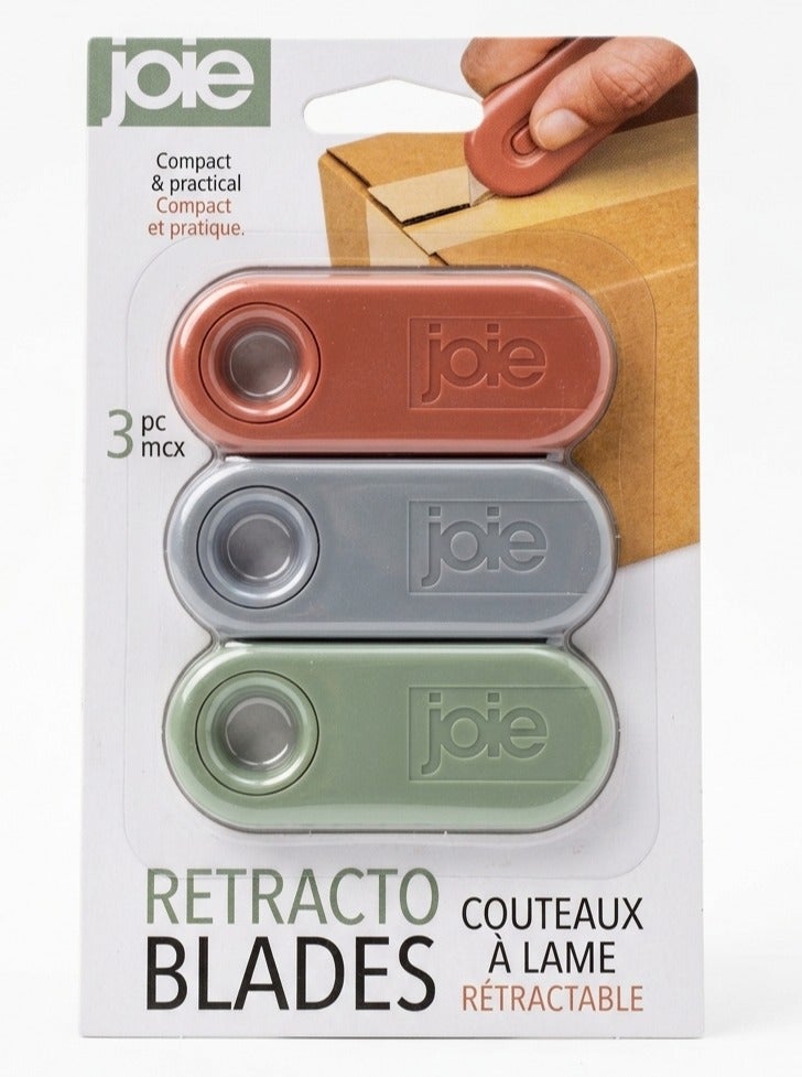 Joie Retracto Blades Mini Box Cutter Set – 3 Piece Retractable Utility Knife Compact Safety Cutter for Cardboard Packages Letters Portable Sharp Blade for Home Office Warehouse Use - Image 1