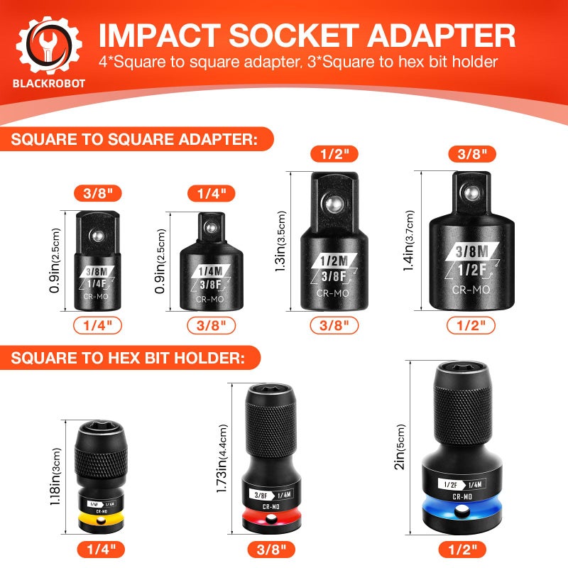 BLACKROBOT 7PCS Quick Release Impact Bit Holders 3/8 1/2 1/4-Inch Square Drive to 1/4-Inch Hex, Socket Adapter Set, Impact Wrench Ratchet Use, CR-MO Steel - Image 2