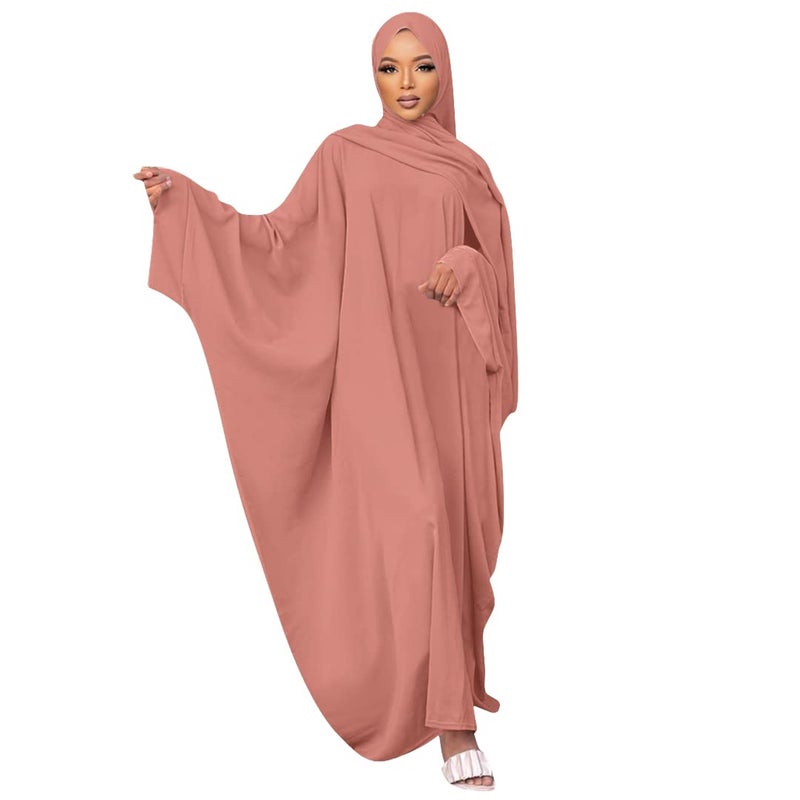 IKADEX Muslim Dress for Women Pakistani Kaftan Abaya Robe + Hijab Arabic Islamic Prayer Clothes Dubai Outfits Pink Set - Image 1