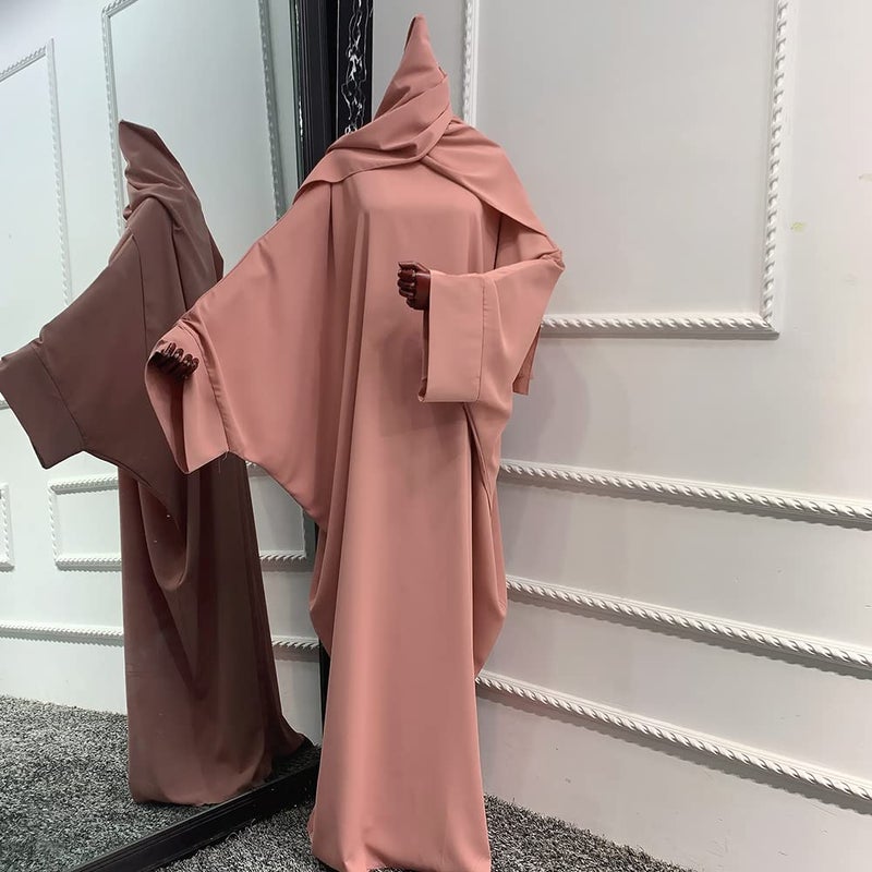 IKADEX Muslim Dress for Women Pakistani Kaftan Abaya Robe + Hijab Arabic Islamic Prayer Clothes Dubai Outfits Pink Set - Image 4