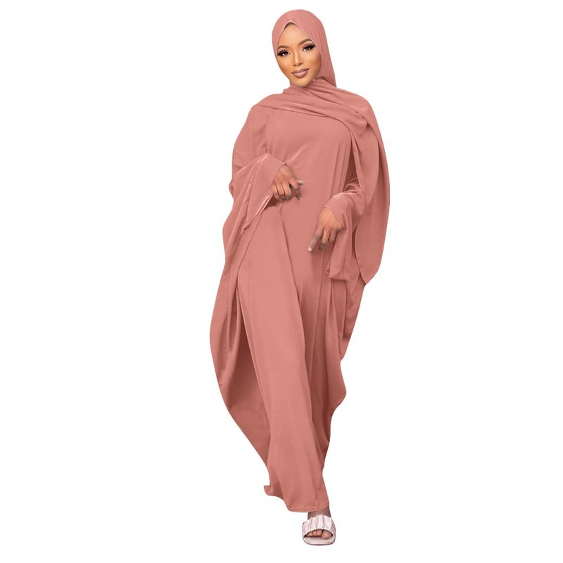 IKADEX Muslim Dress for Women Pakistani Kaftan Abaya Robe + Hijab Arabic Islamic Prayer Clothes Dubai Outfits Pink Set - Image 2