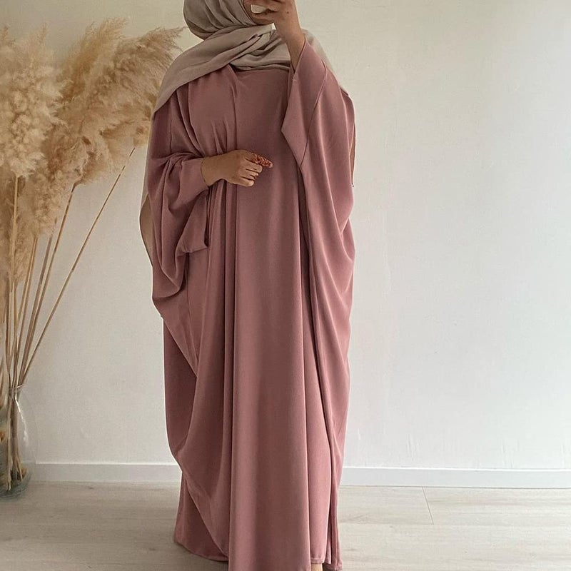 IKADEX Muslim Dress for Women Pakistani Kaftan Abaya Robe + Hijab Arabic Islamic Prayer Clothes Dubai Outfits Pink Set - Image 3