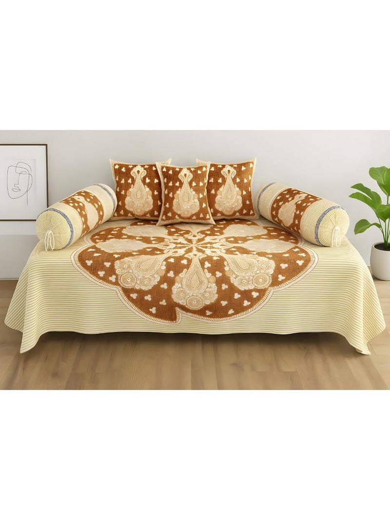 UrbanArts Premium Diwan Set Covers Cotton 6 Pieces Pure Cotton Designer Printed Standard Diwan Set (1 Single Bedsheet, 2 Bolster Covers, 3 Cushion Covers) Style21 - Image 1