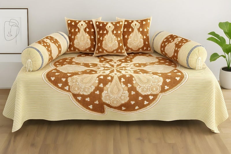 UrbanArts Premium Diwan Set Covers Cotton 6 Pieces Pure Cotton Designer Printed Standard Diwan Set (1 Single Bedsheet, 2 Bolster Covers, 3 Cushion Covers) Style21 - Image 3