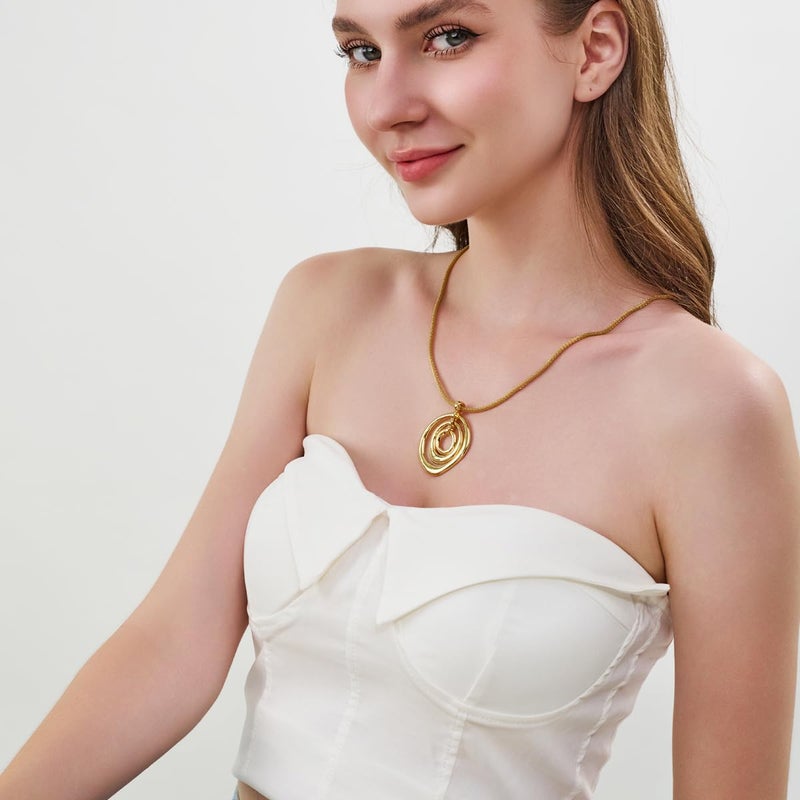 INNERDIVA Chunky Gold Pendant Necklace for Women 14k Gold Plated Big Large Dainty Statement Boho Spiral Swirl Charm Necklace with Circle Summer Beach Beachy Ocean Jewelry Coastal Vacation Accessories - Image 2